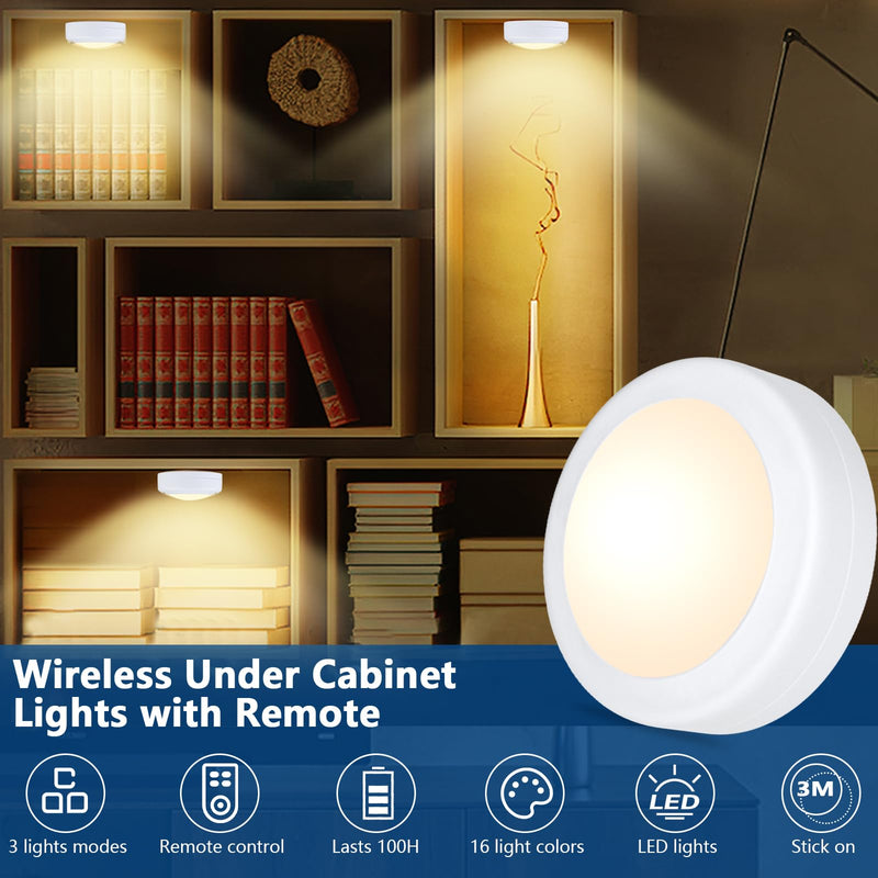 Yiliaw 12 Pack LED Puck Lights Remote Control 16 Color Changeable Under Cabinet Lights, Battery Operated Lights Night Light with Dimmer & Timmer for Closet Bedroom Kitchen, White 12 Packs
