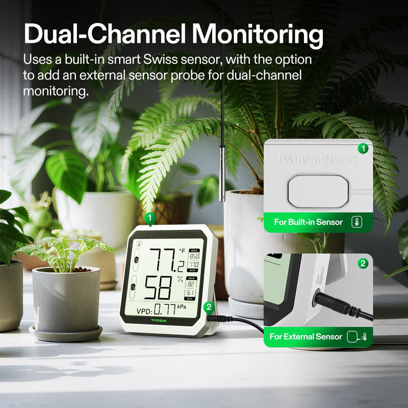 VIVOSUN AeroLab THB1S Wireless Bluetooth Hygrometer Thermometer Indoor, VPD, Digital Temp Humidity Meter, LCD Smart App Control & Alert, Data Storage, Dual Channels with Sensor Probe, Battery Included Thermometer with External Probe