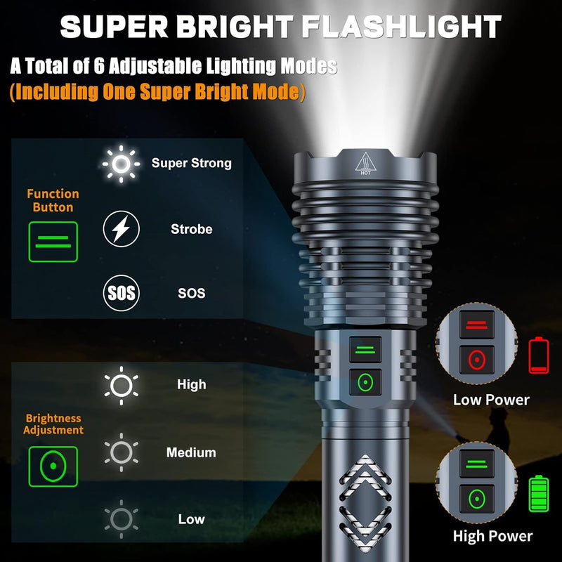 [24H Long Life] High Power 155,000 Lumens Rechargeable Flashlights, Super Bright Tactical Flashlight with 1200m Ultra-Long Beam, XHP160.6 LED Light for Emergency, Camping, Gifting