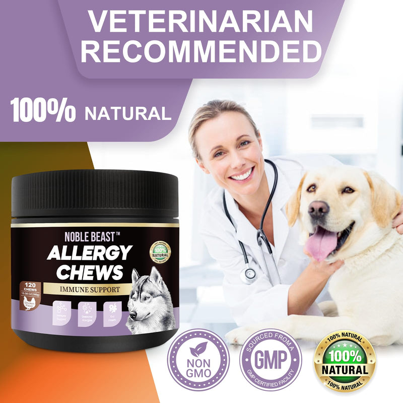 Noble Beast Dog Immune & Allergy Supplement - Itch Relief - Probiotics for Dogs - Skin & Seasonal Allergies - All Natural - Soft Chews with Hemp and Colostrum - Chicken Flavor - 120 Count - PawsPlanet Australia