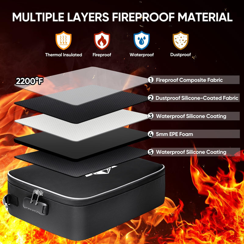 BALEINE Fireproof Document Box with Lock, Portable Fireproof Document Bag Waterproof Fire Proof File Boxes for Documents, File Organizer Box for Important Paperwork (Black, 15''x11''x4'') 15''x11''x4'' (Bag) Black