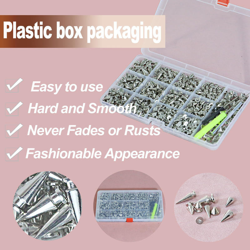 XKCWXY 600 Sets Punk Studs and Spikes Kit，8 Size Cone Spikes and Square Pyrami Studs for Clothing,Metal Tree Spikes Studs for Leathercraft and Punk Style Clothing Accessories DIY Craft Decoration