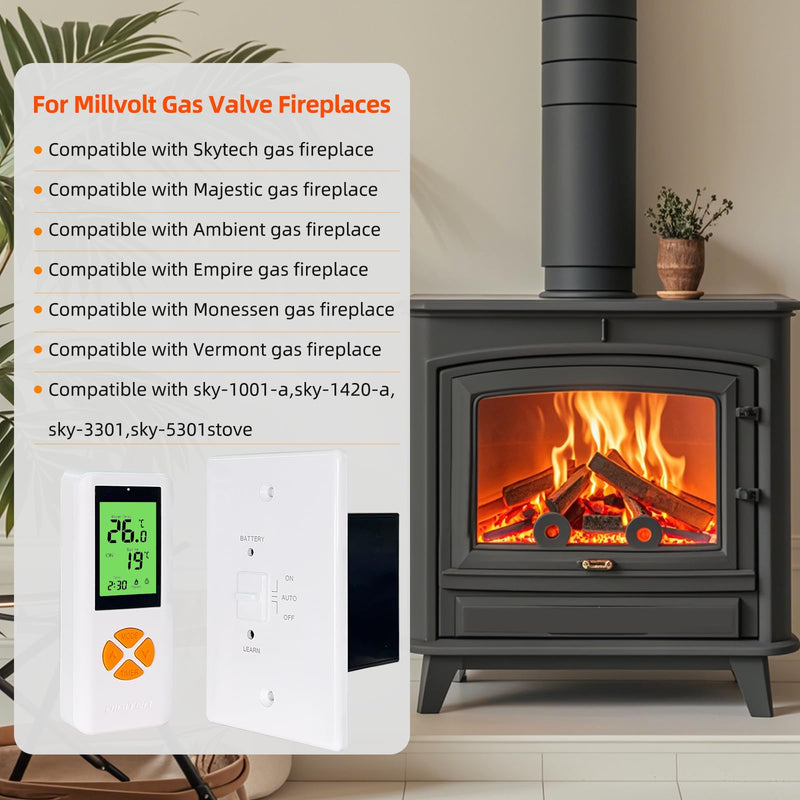 Fireplace Thermostat Remote Control Kit, for Millivolt Gas Valve & Electronic Ignition Systems, 65ft Range, LCD Display, ON/AUTO/Off Modes, Timer & Child Lock Function