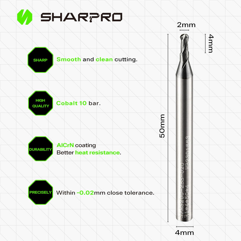 Carbide Ball Nose End Mills Set 2 Flute 4mm SHK. 2mm Cutting Dia. 3D Carving, High-Speed and Deep Cutting, AlCrN Coated, Apply for Alloy Steel, Stainless Steel and Various Cast Iron. (5PCS) 4mm SHK 2mm DIA 5
