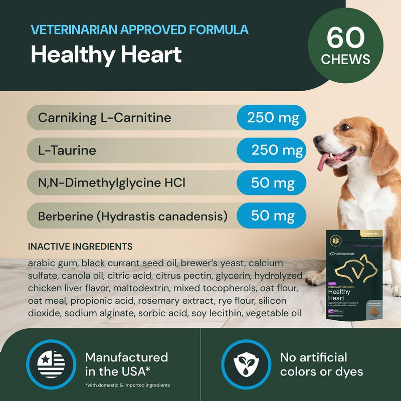 VETRISCIENCE Veterinary Strength Healthy Heart Chews - Heart & Energy Supplement for Pets - Cardiovascular Supplement - Pet Blood Flow Support - Chicken Flavor - 60 Count