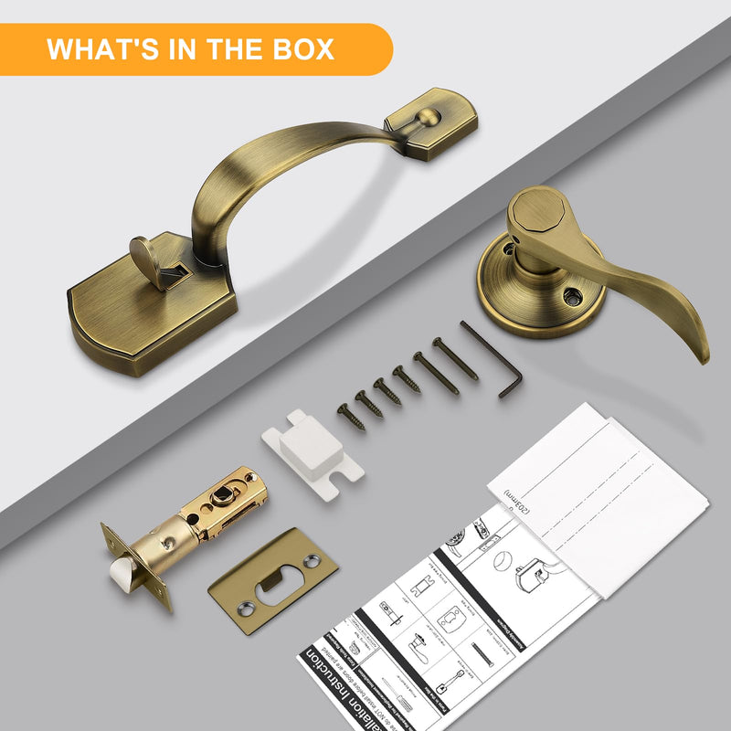 Probrico Antique Brass Lower Half Front Entry Handleset, Heavy Duty Entry Door Handle with Interior Reversible Handed Lever, Lock Grip Handle with Wave Lever Keyless Door Locks, 1Pack 1