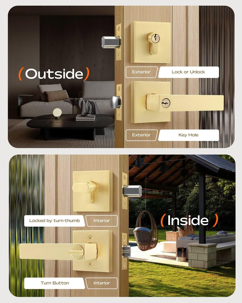 Leydebong 1 Pack Gold Entry Door Locksets with Single Cylinder Deadbolt, Front Door Lock Set, Heavy Duty Entrance Lever Door Handle Single Keyed Square Deadbolt Lock Single Cylinder Deadbolt Lockset - Keyed Alike Satin Brass