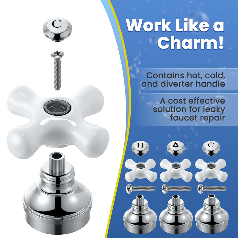 Enhon 3 Pcs Porcelain Handle Set, Compatible with Price Pfister Shower Valve, Hot Cold and Diverter Handle, Chrome Finish White Porcelain (Cross Arm) Cross Arm