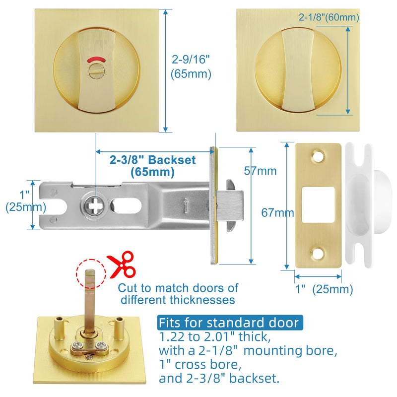 CozyTower Pocket Door Lock, Pocket Door Hardware Square Door Lock for Privacy Sliding Door Bifold Door Locks Pocket Door Pull Handles Replacement Hardware(Brushed Gold, Privacy Lock with Indicator) Brushed Gold