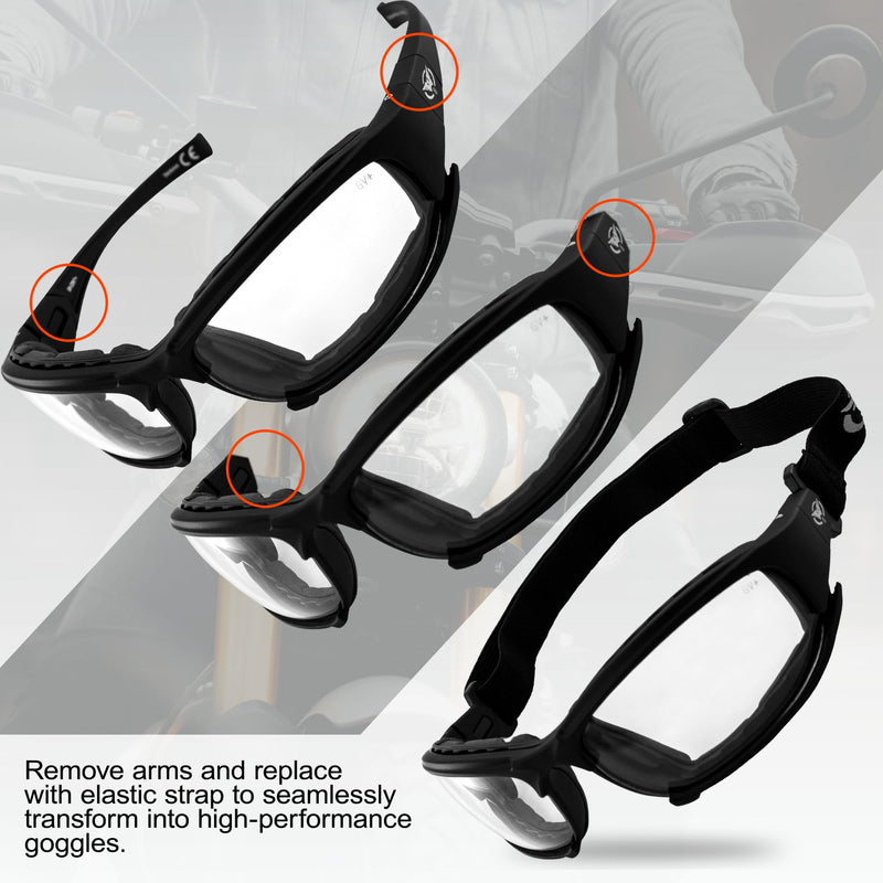 Global Vision Assault 24 Motorcycle Sunglasses Safety Glasses ANSI Z87.1 Convertible to Goggles Foam-Padded Black Frame w/Photochromic Lenses (Clear to Smoke)
