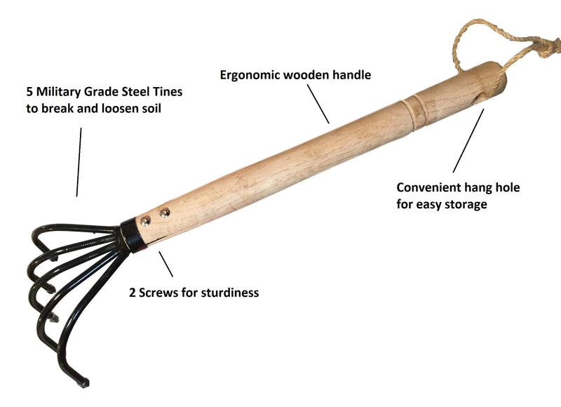 Garden Guru Hand Rake Cultivator Claw Soil Tiller - Military Grade Steel - Rust Resistant - 5 Tine Japanese Ninja Claw - Comfortable Wood Handle - Perfect Pulverized and Aerated Soil 1 Pack Long Handle