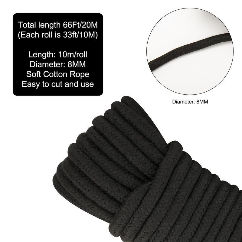 2Pcs Soft Cotton Rope, 66Ft x 8MM Thick Rope, Black Cotton Rope, Soft Tying Long Rope for Hanging Clothes, Binding Luggage and Home Decoration(2pcs x 33ft)