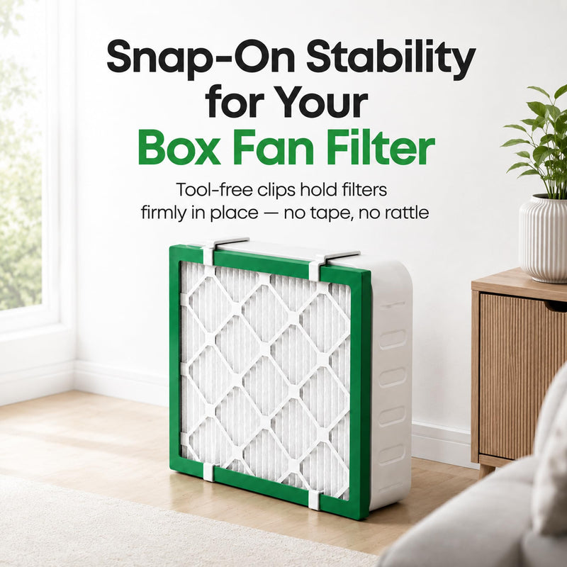 Updated 2 Sets Box Fan Filter Clips, Air Filter Holder Sealed No-Gap for 20 Inch Box Fan, Fits 20x20x1 Furnace Filter, Reusable Tool-Free Filter Kit, No Tape No Mess, White