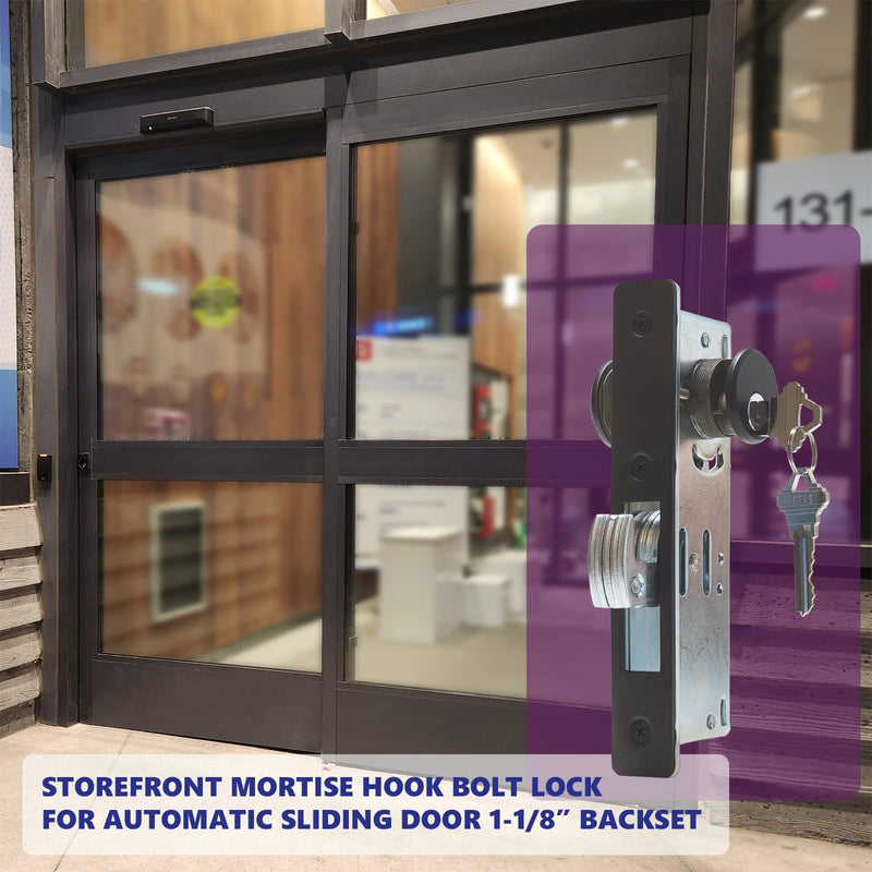 Storefront Commercial Aluminum Door Sliding Door | Mortise Hook Bolt Deadbolt Lock with Key Cylinder & Thumbturn | Hookbolt Key Thumbturn Combo, 1-1/8" Backset, Aluminum and Duronotic (AL)