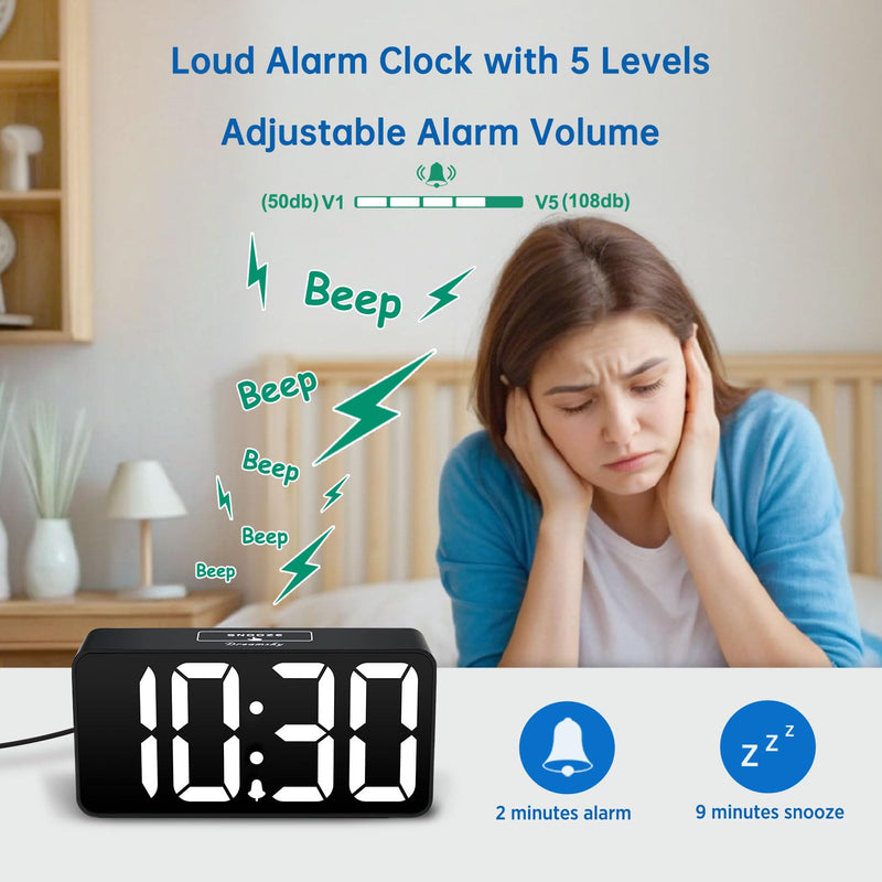 DreamSky Small Digital Alarm Clocks for Bedrooms - RGB Electric Alarm Clock for Kids Bedside Nightstand, Desk Clock with Large Numbers, Dimmer, Adjustable Alarm Volume, USB Port, USB-C Adapter Powered Black Case Rgb Digits