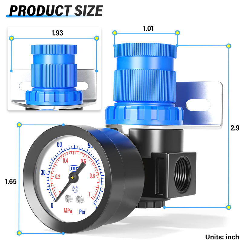 TAILONZ PNEUMATIC 5-in-1 1/4 Inch NPT AR2000 Mini Pressure Regulator Kit for Compressed Air Systems, Adjust 0 to 145 Psi Regulation