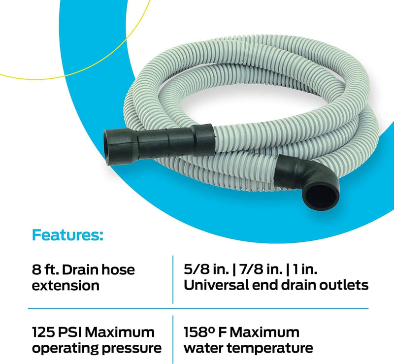 Eastman 8 Foot Dishwasher Drain Hose, Universal Fit with 5/8 Inch, 7/8 Inch, or 1 Inch OD Drain Outlet, 90 Degree Rubber Elbow, Corrugated, Gray PVC, 91218 8 Ft. - NewNest Australia