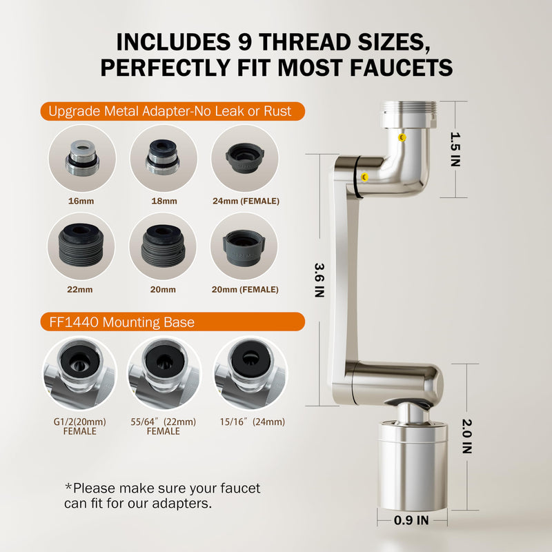 Frizzlife 1440° Swivel Faucet Extender Sink Aerator, 3-Mode Sprayer Water Filter Extension, 1080° Robotic Arm + 360° Rotating Universal Tap Attachment For Bathroom/Kitchen ＆ Washing Hair/Face/Kids Use FD1440
