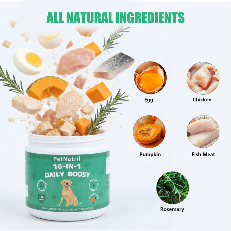 Dog Vitamins and Supplements, 16 in 1 Multivitamins Essential Dog Vitamin Minerals Chewable with Omega-3 Fish Oil Glucosamine Probiotics for Pet Hip Joint Coat Skin Digestion Health, 120 Chews