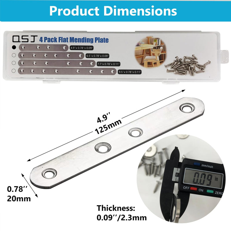 4 Pack Flat Straight Bracket Mending Plate for Wood Stainless Steel Straight Brackets 125mm / 4.9" Wood Brace with Screws Silver, 4.9 Inch
