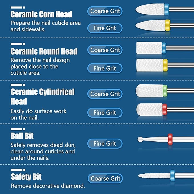 Depvko Set di 19 punte per trapano per unghie, 332 pollici per cuticole diamantate e kit di punte per unghie in gel acrilico ceramico, strumenti per nail art, punte per la rimozione delle cuticole - NewNest Australia