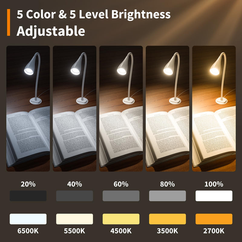 Book Light for Bed, Reading Light at Night, Wall Mount Reading Lamp for Bedside,Headboard, Eye Care LED, 5 Color & Brightness Dimmable, Flexible Gosseneck, 1 Pack, White 1Set/White