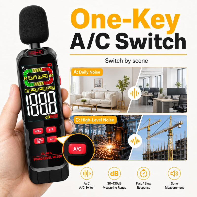 GL82A Digital Sound Level Meter, 30-130dB Decibel Meter with Backlit LCD, High Precision Noise Detector for Home, Office, Factory, Construction & Daily Use | Backlit LCD, High Precision Noise Detector, For Home, Office, Factory, Construction & Daily Use