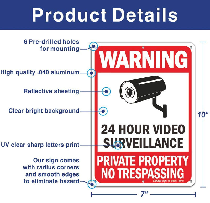 No Trespassing Signs, Private Property Sign, Warning Sign, Video Surveillance Sign, 2 Pack 10 x 7 Inches 0.40 Reflective Aluminum, UV Protected, Weather Resistant, Durable Ink, Easy to Mount Red - 2 Pack