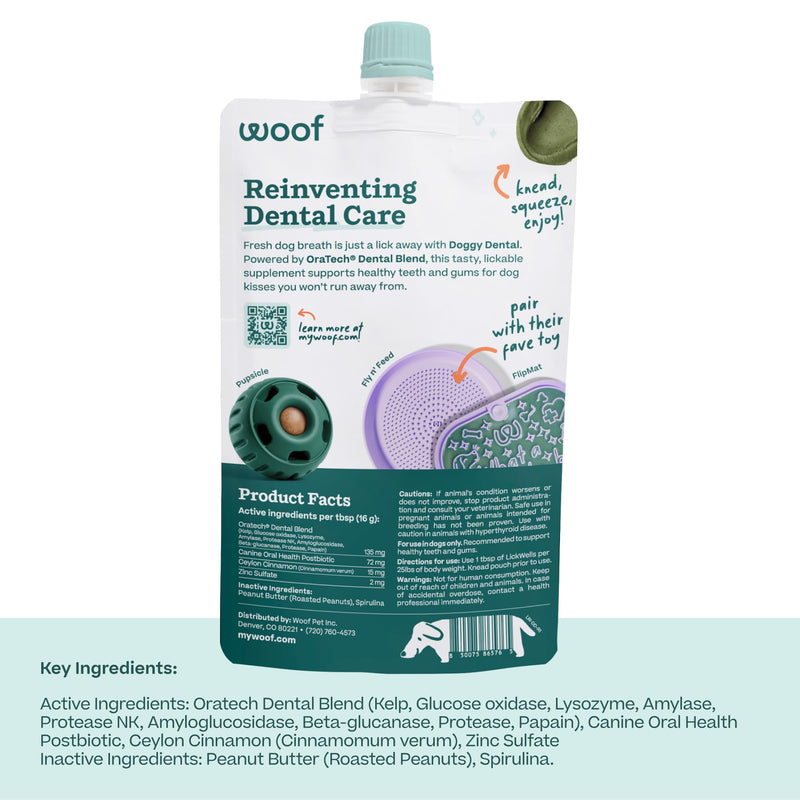 WOOF LickWells Doggy Dental - Teeth Cleaning Supplement and Breath Freshener for The FlipMat and LickMat - Postbiotic Squeezable Dog Treats to Support Oral Health for Dogs - 12 oz PB & Kelp Flavor.