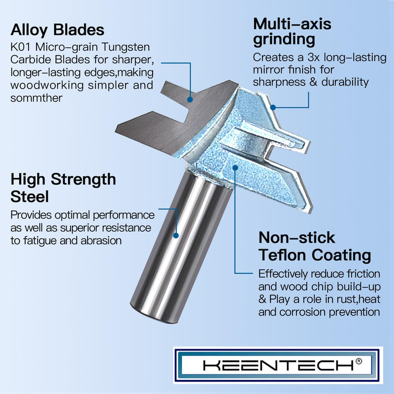 KEENTECH Router Bits, 45-Degree Lock Miter Router Bit for Joinery, Industrial Grade Cutting Tools for Woodworking (1/2 Inch Shank x 1-3/8 Inch Diameter x 5/8 Inch Depth, KT030513858)