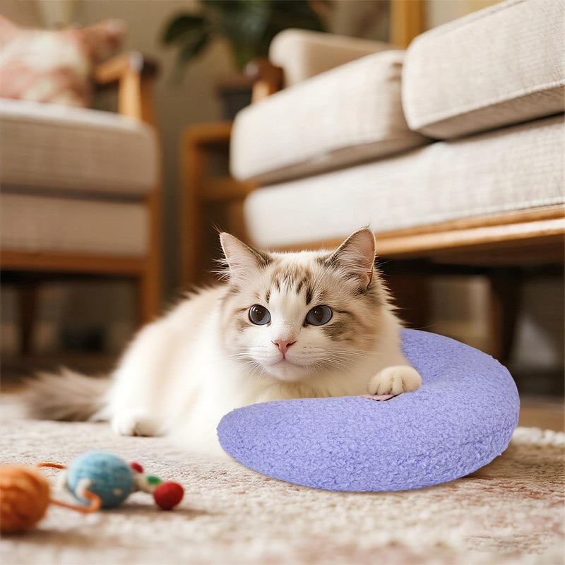 Lystaii Cat Calming Pillow for Indoor Pet Small Dog Calming Pillow Soft Fluffy Cat Bed Dog Neck Toy Half Donut Anxiety Relief Toy with Cute Embroidery Pattern (Purple, Peaches) Purple