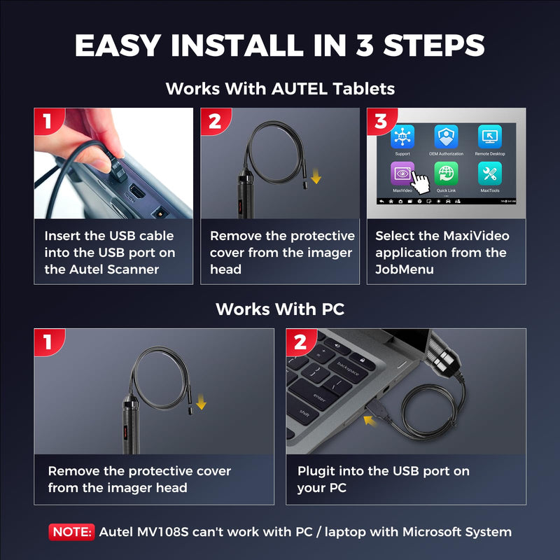 Autel MV108S 1080P HD Inspection Camera, 8.5mm Probe Wide-Angle Borescope, IP67 Waterproof USB Endoscope Snake Camera with LED Lights & 3.3ft Cable, Upgrade of MV108 MV105, for Autel Scanner & PC