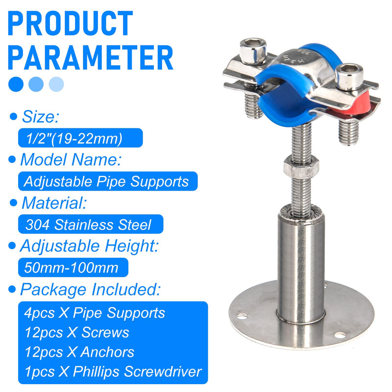 Kodilin 4PCS 304 Stainless Steel Wall Mount Ceiling Mount Pipe Supports,Suitable for OD Pipe 1/2"(19-22mm),Adjustable Height 50-100mm,Adjustable Pipe Strap Clamp with Screws Adjustable Height 50-100mm 4pcs 1/2"(19-22mm)