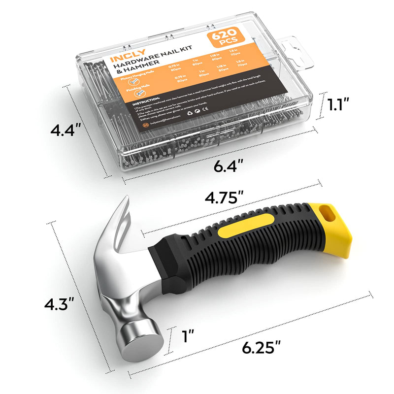 INCLY 620 PCS Small Nails for Hanging Pictures Assortment Kit with 8oz Claw Small Hammer, Mini Hammer Set with Hardware Nails Assorted Set 310 Wall Nails & 310 Finish Nails for Installing with Case Yellow - NewNest Australia