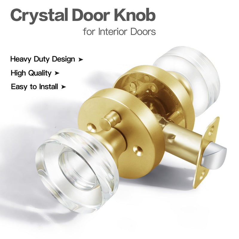 Glass Door Knobs Gold Door Knob Interior Satin Brass Privacy Door Knob for Bedroom and Bathroom Crystal Door Knob 1 Pack Privacy