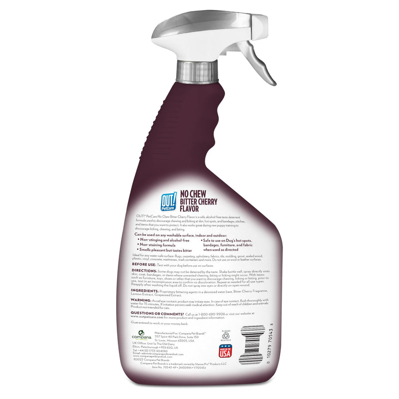 OUT! PetCare No Chew Bitter Cherry Flavor Deterrent, Puppy Training, No Chew Spray for Dogs, Dog Training To Discourage Licking and Chewing, Non-Staining, Behavior Correction, Puppy Essentials, 32 oz