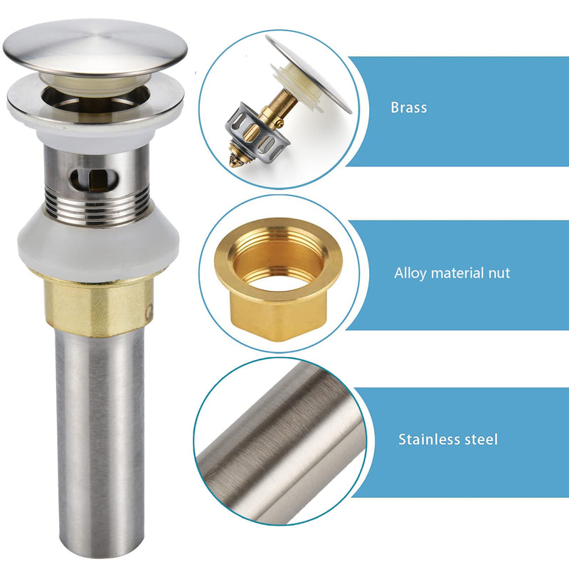 Bathroom Sink Drain,Drain Stopper Bathroom Sink with Overflow,Pop Up Drain Assembly with Detachable Strainer Basket,Built-in Anti-Clogging Strainer,Stainless Steel Brushed Nickel