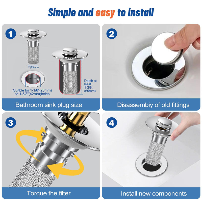 2PC Bathroom Sink Stopper Hair Catcher, Pop Up Sink Drain Filter with Removable Stainless Steel Filter Basket Hair Catcher, for US Bathroom Sink Stopper Replacement.