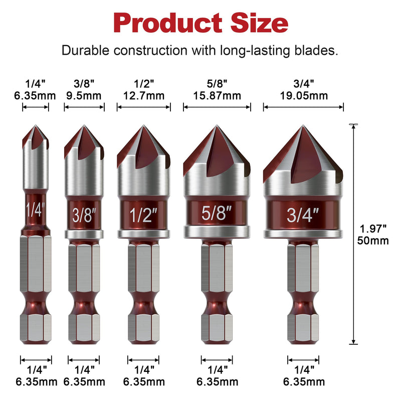 5-Piece Countersink Drill Bit Set, 82 Degree, 5 Flute High Speed Steel Countersink Bits, Quick-Change Hex Shank, for Metal, Wood, Plastic, 1/4" to 3/4" Size, with Aluminum Storage Case 5 PCS 1