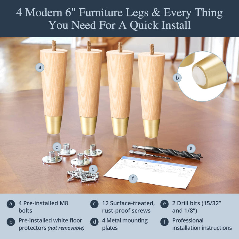 Ash Wood Furniture Legs With Gold Caps - Mid Century Legs For Sofa, Chair, Table, Dresser, Bed, Cabinet, Ottoman - Wooden Legs Are Easy To Install & Include Installation Hardware - Set of 4, 6 Inches Ash / Gold
