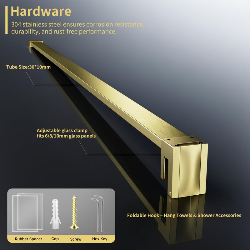 Shower Glass Support Bar, Stainless Steel Shower Door Support Arm with Foldable Hook, Adjustable Support Rod for 1/4"-3/8" Door, Cut-to-Fit for Various Spaces (Brushed Gold, 47.24'' (1200mm)) Brushed Gold 47.24'' (1200mm)
