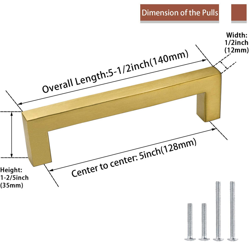 goldenwarm 5 Inch Gold Cabinet Pulls 10 Pack Brushed Brass - LSJ12GD128 Gold Cabinet Handles Square Brushed Gold Kitchen Hardware Pulls for Dresser Drawers 5in hole centers