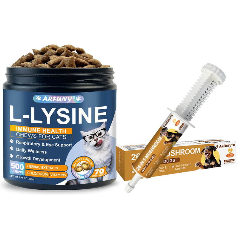 Cat Lysine Chews & Dog Mushroom Paste - for Cat Support Immune Health, Normal Eye Function and Respiratory Health - for Dog Gut, Skin, Joint, Immune Health-Dog Lumps & Bumps Treatmen