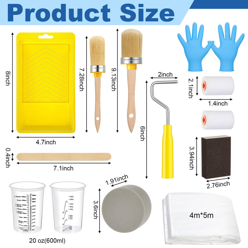LemonRoad 20 Pieces Paint Brush and Roller Set, Cabinet Furniture Painting Supplies, Sponge, Tray Liner, Nitrile Gloves, Polish Sponge Block, Mixing Sticks and Cups, Tools to Finish All in One Paint