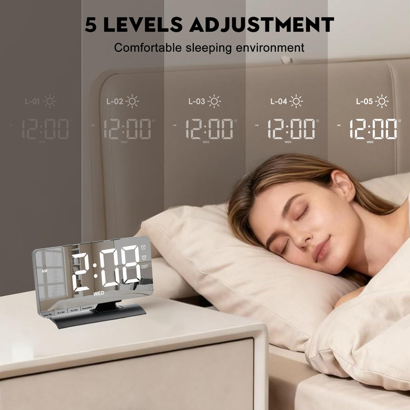 SZELAM Digital Clock,Alarm Clock Bedside,7.3'' Large LED Mirror with Date Display,Dual Alarm with 3 Mode,Brightnee Adjust,DST,Snooze Function,USB C Charging Port,5 Levels Volume for Desk Bedroom Teens Black