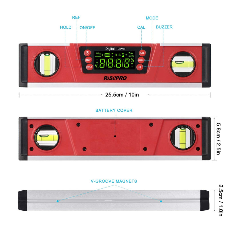 10-Inch Digital Torpedo Level and Protractor IP54 Protected Electronic Bubble Inclinometer, Angle Finder, Gauge w/Large VA Display & V-Groove Base DL135N Red