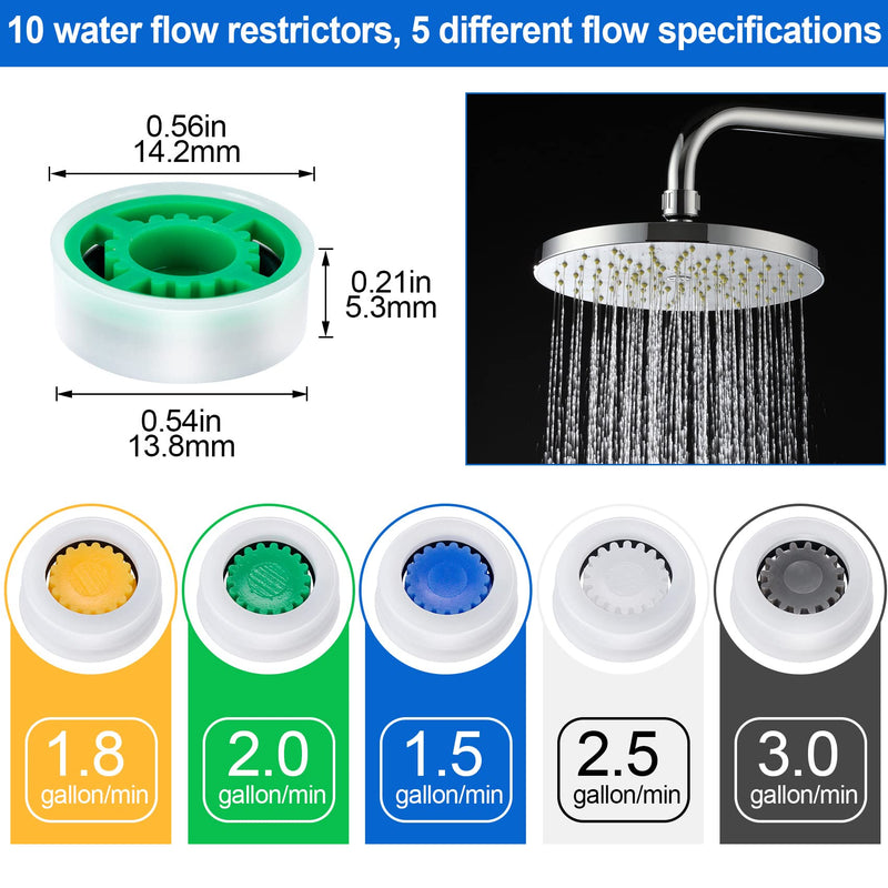 PAGOW 10pcs Shower Flow Reducer Limiter, gpm 1.5 1.8 2.0 2.5 3.0 Shower Head Flow Restrictor, Shower Head Water Saver Adapter Set for Handheld Shower, Bathroom, Toilet (0.56x0.54 x 0.21inch) 10pcs Shower Flow Restrictor