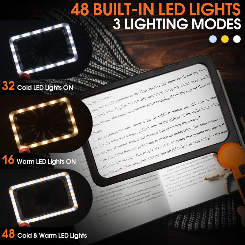 Large Magnifying Glass with Light, Full Page Magnifier 48LED Cold & Warm Light with 3 Modes, Folding Handheld Illuminated Lighted Magnifier for Seniors Low Vision Reading Inspection (Orange) Orange