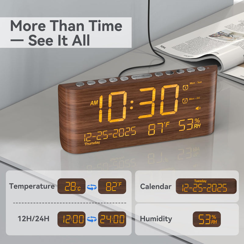 Mesqool Digital Alarm Clock for Bedroom with Date Temperature and Humidity, Dual Alarms，Loud Volume, USB and Type-C Charging Ports (Brown)