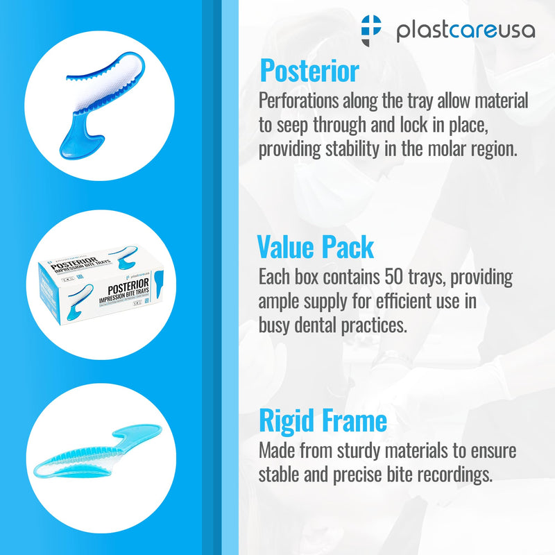 50 Posterior Blue Disposable Dental Bite Registration Trays, Impression Trays for Teeth Molds, 1 Box of 50 Bite Trays